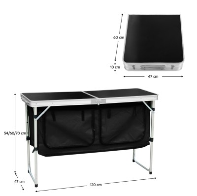 Masă de camping pliabilă cu organizator, 120 cm, aluminiu/MDF, KEPI TYP 3