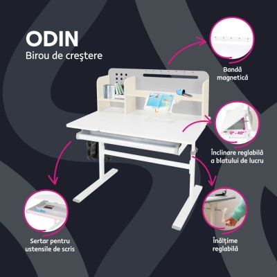 Masă de scris crescătoare, gri/alb, ODIN