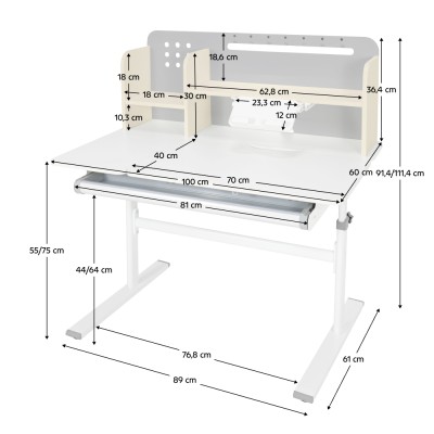 Masă de scris crescătoare, gri/alb, ODIN