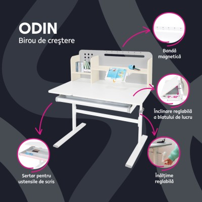 Masă de scris crescătoare, gri/alb, ODIN