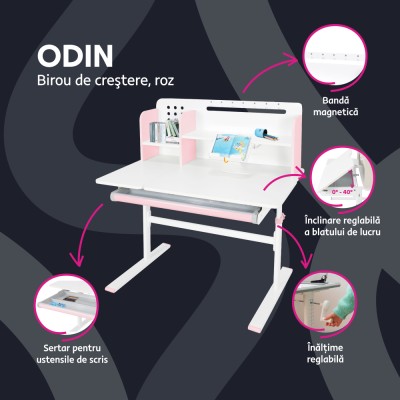 Masă de scris crescătoare, roz/alb, ODIN