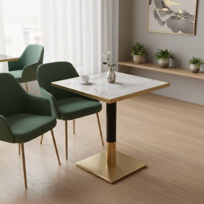 Masă de sufragerie bistro, marmură albă/negru/aur, 70x70 cm, PRESTON