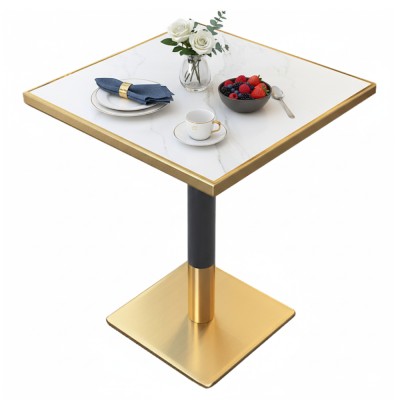 Masă de sufragerie bistro, marmură albă/negru/aur, 70x70 cm, PRESTON