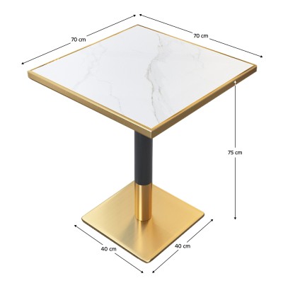 Masă de sufragerie bistro, marmură albă/negru/aur, 70x70 cm, PRESTON