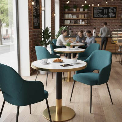 Masă de sufragerie bistro, marmură albă/negru/aur, diametru 80 cm, OREN