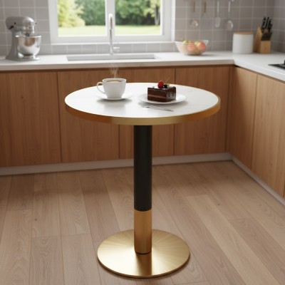 Masă de sufragerie bistro, marmură albă/negru/aur, diametru 80 cm, OREN