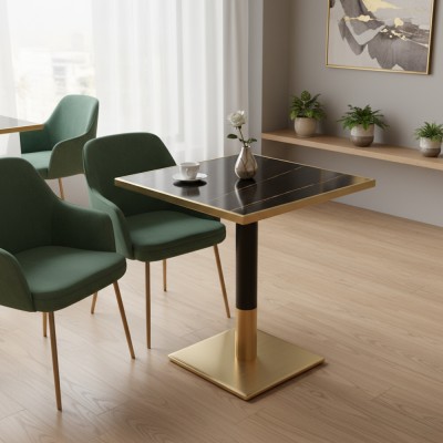 Masă de sufragerie bistro, marmură negră/negru/aur, 70x70 cm, PRESTON