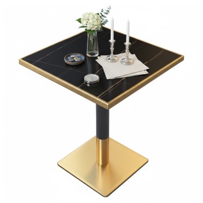 Masă de sufragerie bistro, marmură negră/negru/aur, 70x70 cm, PRESTON