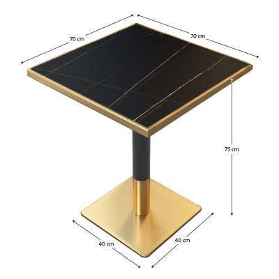 Masă de sufragerie bistro, marmură negră/negru/aur, 70x70 cm, PRESTON