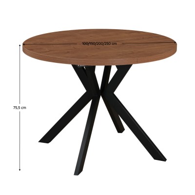 Masă de sufragerie extensibilă, stejar închis/negru, 100-250x75,5 cm, LUKOS