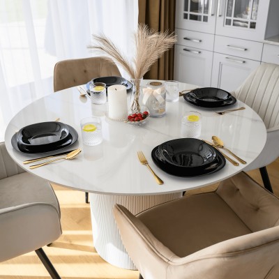 Masă de sufragerie, marmură albă/MDF, diametru 120 cm, MAHIR TIP 1