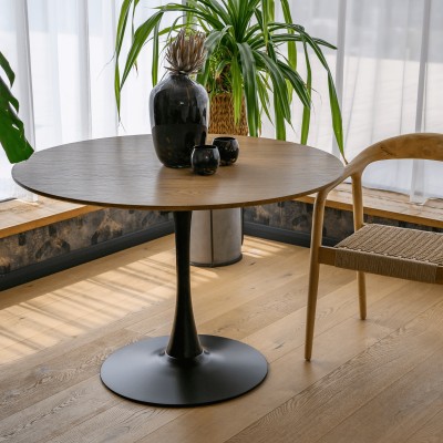 Masă de sufragerie, rotundă, stejar/negru, diametru 110 cm, REVENTON NEW