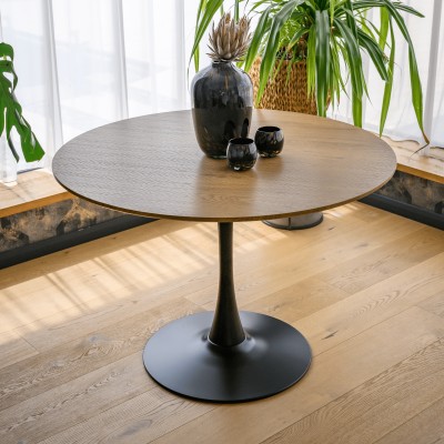 Masă de sufragerie, rotundă, stejar/negru, diametru 110 cm, REVENTON NEW