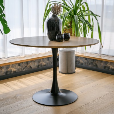 Masă de sufragerie, rotundă, stejar/negru, diametru 110 cm, REVENTON NEW