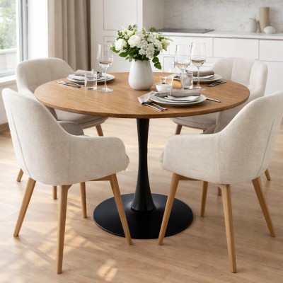 Masă de sufragerie, rotundă, stejar/negru, diametru 110 cm, REVENTON NEW