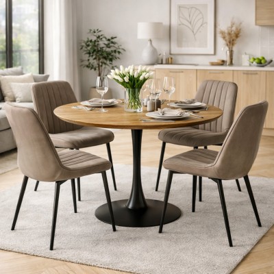 Masă de sufragerie, rotundă, stejar/negru, diametru 110 cm, REVENTON NEW