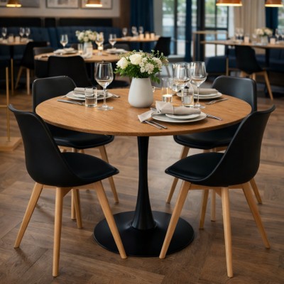 Masă de sufragerie, rotundă, stejar/negru, diametru 110 cm, REVENTON NEW