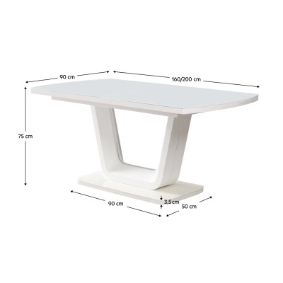 Masă dining extensibilă, alb lucios, 160-200x90 cm, OLAV