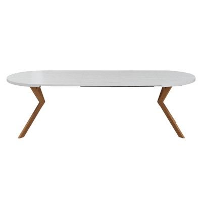 Masă extensibilă de sufragerie, albă/stejar, 100-250x75,5 cm, LUKOS