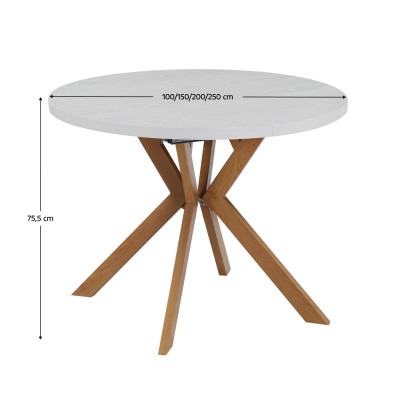 Masă extensibilă de sufragerie, albă/stejar, 100-250x75,5 cm, LUKOS