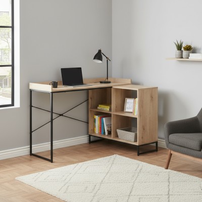 Masă PC de colţ, stejar/negru, ULOSTOL