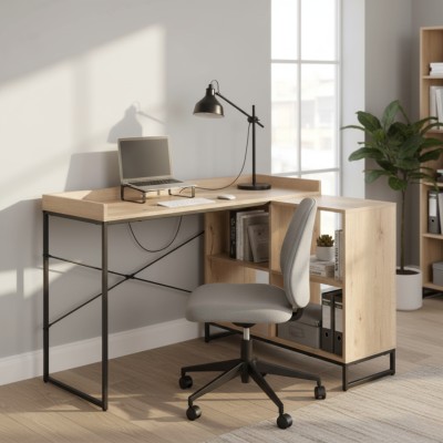 Masă PC de colţ, stejar/negru, ULOSTOL