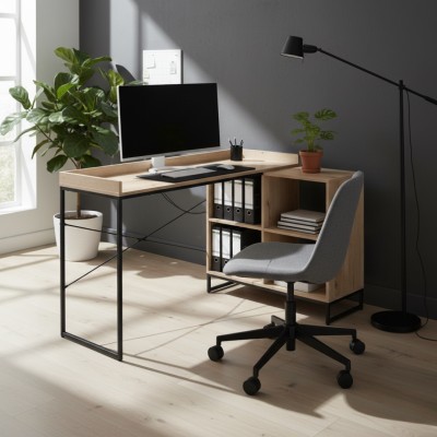 Masă PC de colţ, stejar/negru, ULOSTOL