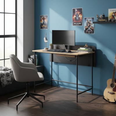 Masă PC, stejar/negru, KOMPUS