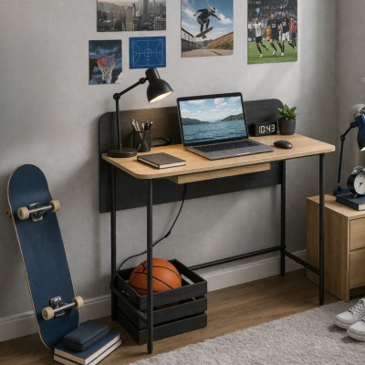 Masă PC, stejar/negru, KOMPUS