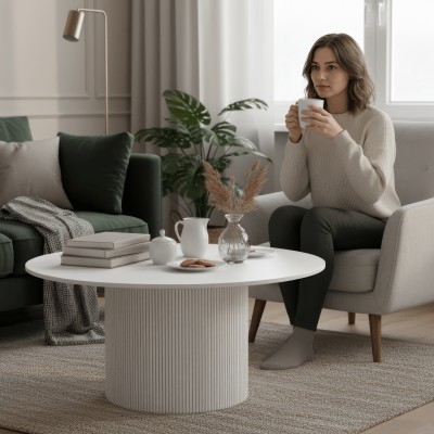 Măsuţă de cafea, marmură albă/MDF, diametru 80 cm, MAHIR TYP 1