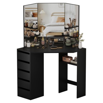 Măsuţă de toaletă de colţ, negru, ELIO