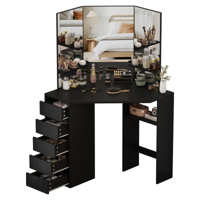 Măsuţă de toaletă de colţ, negru, ELIO