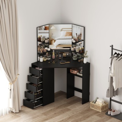 Măsuţă de toaletă de colţ, negru, ELIO