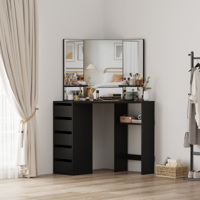 Măsuţă de toaletă de colţ, negru, ELIO