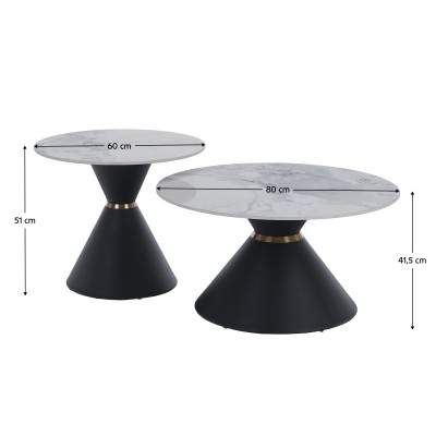Măsuţe de cafea, set de 2 bucăţi, marmură/negru/auriu, MABUZ