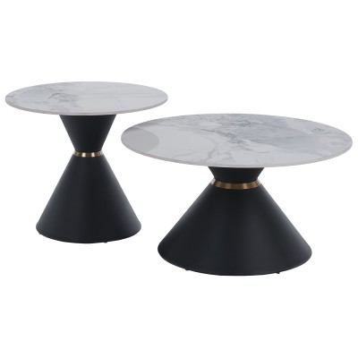 Măsuţe de cafea, set de 2 bucăţi, marmură/negru/auriu, metal, MABUZ NEW