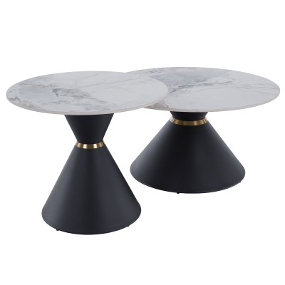 Măsuţe de cafea, set de 2 bucăţi, marmură/negru/auriu, metal, MABUZ NEW