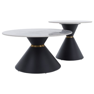 Măsuţe de cafea, set de 2 bucăţi, marmură/negru/auriu, metal, MABUZ NEW
