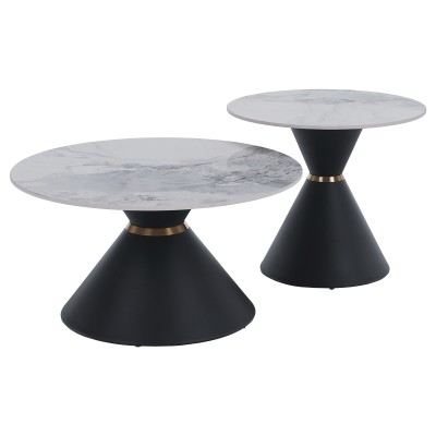 Măsuţe de cafea, set de 2 bucăţi, marmură/negru/auriu, metal, MABUZ NEW