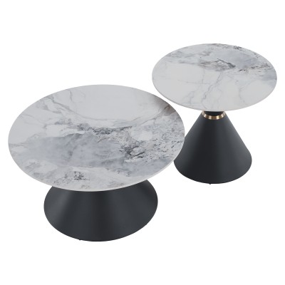 Măsuţe de cafea, set de 2 bucăţi, marmură/negru/auriu, metal, MABUZ NEW