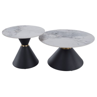 Măsuţe de cafea, set de 2 bucăţi, marmură/negru/auriu, metal, MABUZ NEW