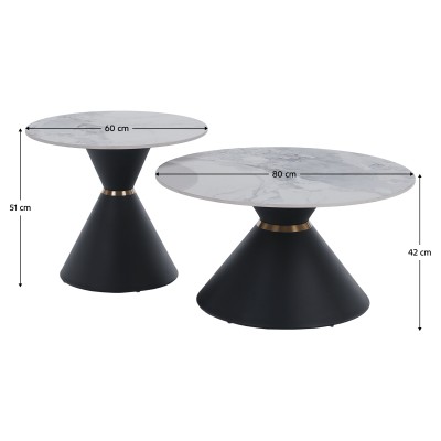 Măsuţe de cafea, set de 2 bucăţi, marmură/negru/auriu, metal, MABUZ NEW