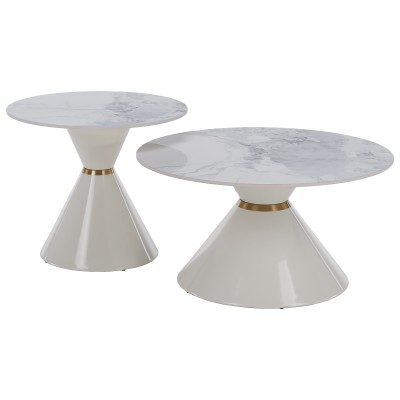 Măsuţe de cafea, set de 2, marmură albă/albă/auriu, metal, MABUZ NEW