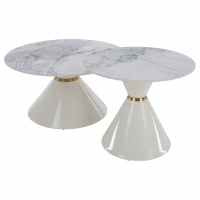 Măsuţe de cafea, set de 2, marmură albă/albă/auriu, metal, MABUZ NEW