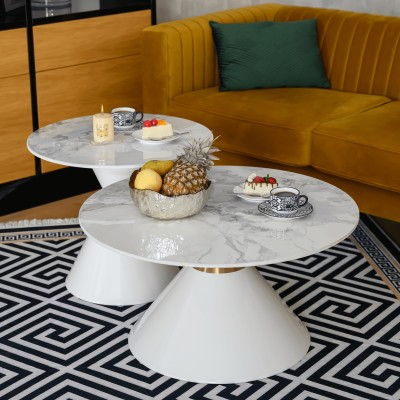 Măsuţe de cafea, set de 2, marmură albă/albă/auriu, metal, MABUZ NEW