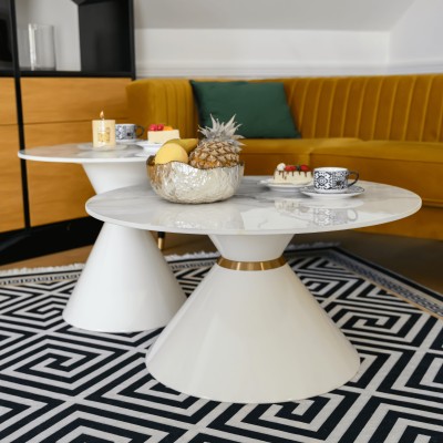 Măsuţe de cafea, set de 2, marmură albă/albă/auriu, metal, MABUZ NEW