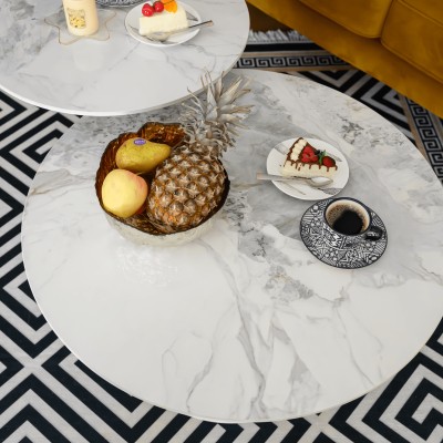 Măsuţe de cafea, set de 2, marmură albă/albă/auriu, metal, MABUZ NEW