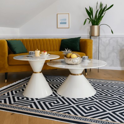 Măsuţe de cafea, set de 2, marmură albă/albă/auriu, metal, MABUZ NEW