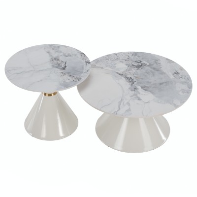 Măsuţe de cafea, set de 2, marmură albă/albă/auriu, metal, MABUZ NEW