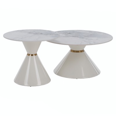 Măsuţe de cafea, set de 2, marmură albă/albă/auriu, metal, MABUZ NEW